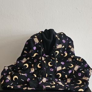 Black Zippered Hoodie with Moon and Cat Pattern